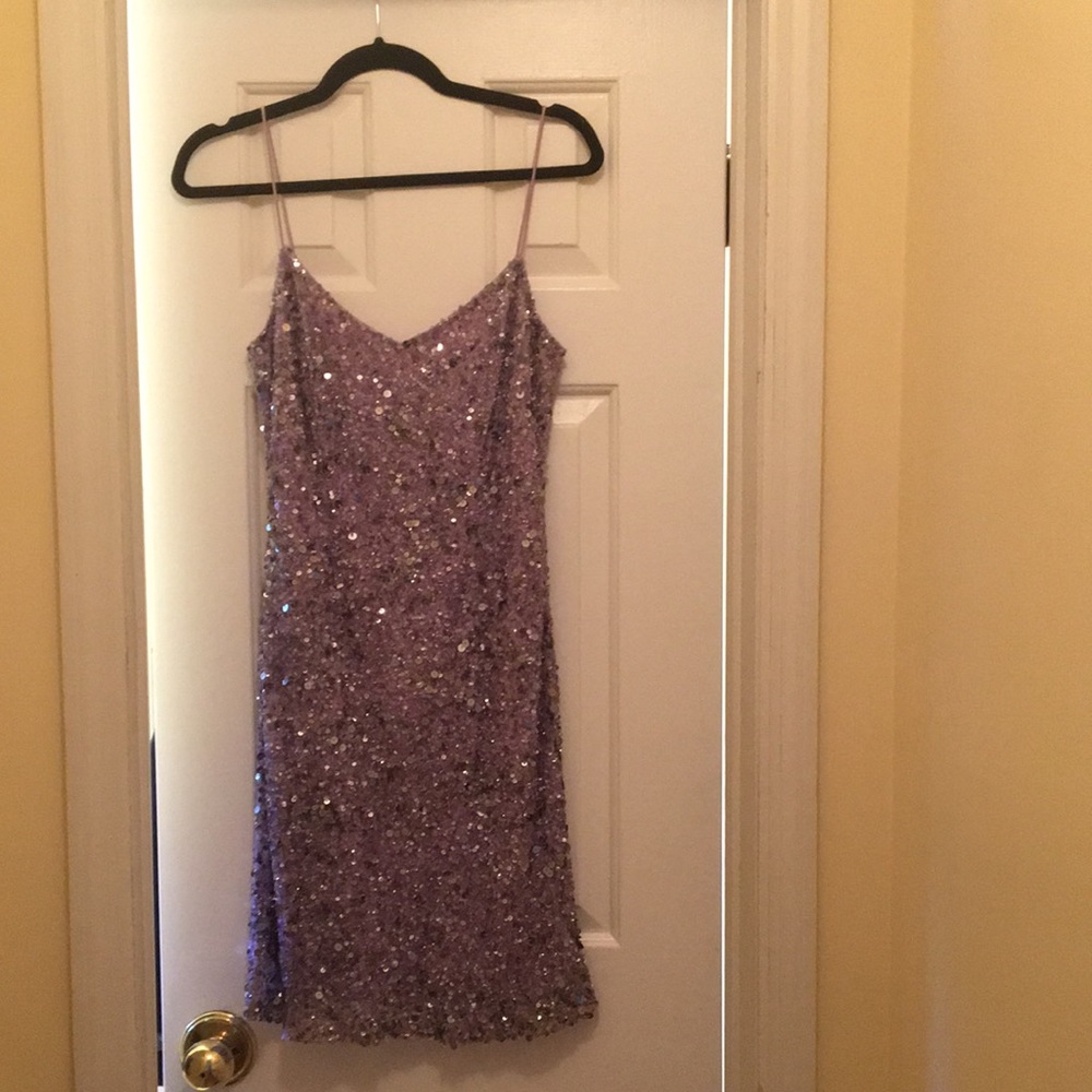 Theia purple silk sequin sleeveless spaghetti strap mini dress